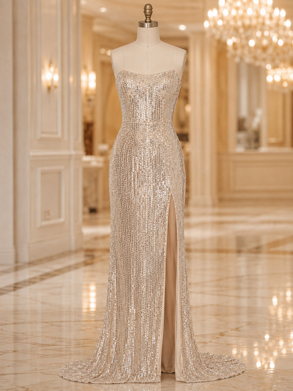 NWT Betsy & Adam 12 Champagne Sequin Beaded Strapless Formal Gown $279